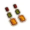 Pendientes Largos Colgantes de Piedra Preciosa Rectangulares con Bloques de Color Estilo Retro de Corte Totalmente Pavimentados con Diamantes Blancos Exagerados para Vestido de Banquete para Mujeres