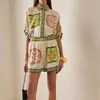 2026 Novo Verão Roupas Femininas Comércio Exterior Transfronteiriço Moda Europeia e Americana Retro Blocos de Cor Estampado Cordão Botão Conjunto 661