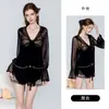 Conjunto de lencería sexy talla grande Guiruo con copas de malla para sujetador, camisola, shorts y bata de malla conjunto de tres piezas para casa P3357