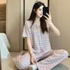 Pijama para Mujer, Primavera y Otoño, Estilo Coreano Ins Algodón Manga Corta Pantalón Largo, Dulce Casual Rayas Conjunto de Ropa de Casa para Niña