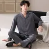 Conjunto de Pijama 100% Algodão para Homens, Manga Longa Calça Longa para Primavera e Outono, Estilo Coreano Solto Casual Tamanho Plus Size Conjunto de Roupa de Casa 100% Algodão