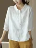 Camisetas de Verano de Nuevo Estilo con Cuello Polo de Algodón y Lino de Manga Corta, Camisetas Casuales Sueltas Retro Artísticas con Media Botonadura de Manga Media para Mujer