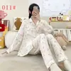 Pijama Feminino 2026 Novo Outono e Inverno Algodão Nuvem Conjunto de Roupa para Casa Desenho Animado Manga Longa Feminino Gola Lapela Outerwear
