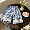 Pantalones Casuales Sueltos de Verano para Niñas Estilo Coreano a Cuadros Lunares con Estampado de Cerezas y Flores con Ribete de Encaje Pantalones Cortos Lindos Versátiles