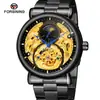 Reloj mecánico automático Forsining para hombre, informal, con correa de acero y fase lunar hueca tallada.