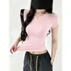 Camiseta de verano de manga corta con cuello redondo y estampado de espiga en raglán para mujer, ajustada, elástica, top adelgazante 26016, estilo vacacional