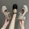 Salto Alto Feminino Salto Grosso Primavera e Outono 2025 Sapatos de Plataforma Impermeáveis Estilo Princesa Sapatos de Salto Único Mary Jane Francês Retrô
