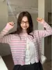 [Andy Velvet Wash] Suéter de rayas tipo dos piezas para mujer, estilo coreano, cárdigan de punto suave y holgado para otoño