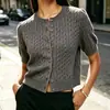 Cardigan de Lã Curto Tricotado Amazon Outono 2026 Cor Sólida Gola Redonda Manga Média Tricô em Ponto Trançado Suéter de Botão Roupa Externa Feminina