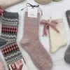 Calcetines holgados Fair Isle de Otoño e Invierno para Mujer, Calcetines hasta la mitad de la pantorrilla, Estilo Ins, Dulces Coreanos con Lazo Largo, Lindos Versátiles