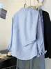 Nova Jaqueta Camisa de Manga Longa Azul Listrada com Gola Polo Estilo Europeu e Americano Transfronteiriça para Mulheres, Novo Modelo Primavera e Outono 2026, Caimento Regular nos Ombros
