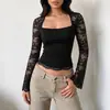 Estilo Doce e Picante para Meninas, T-shirt Transparente para Mulheres, Manga Longa, Patchwork de Renda, Gola Quadrada Vazada, Top Curto, Novo Estilo Outono 2026 Europeu e Americano
