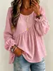 2026 Nuevo Estilo Transfronterizo Estilo Europeo y Americano Ropa para Mujer Color Sólido Cuello Redondo Manga Larga Fruncido Blusa Top Casual Versátil Corte Holgado