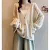 Cárdigan de Punto Hueco Casual de Color Sólido Estilo Perezoso, Nueva Versión Coreana de Primavera Cuello en V Adelgazante Holgado Chaqueta Superior para Mujer