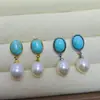 Brincos Europeus e Americanos Transfronteiriços de Turquesa Sintética e Pérola de Água Doce Natural com Incrustações de Zircônia e Diamante, Brincos Luxuosos de Alta Qualidade para Atacado