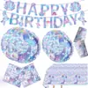 Banner de fiesta de sirena en stock, servilletas de papel, platos de papel, vajilla, colas de pez, escamas de pez, decoraciones de cumpleaños, artículos para fiestas