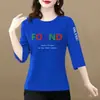 Camiseta de manga tres cuartos para mujer de comercio exterior transfronterizo, adecuada para madres de mediana edad, corte holgado, talla grande, adelgazante, top que cubre el abdomen, camiseta básica