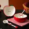Set Creativo y Lindo de Tazón y Cuchara de Manzana Roja para Uso Doméstico, Tazón de Arroz Cerámico, Cuchara, Tazón para Ensalada, Cuchara para Sopa y Juego de Tazones para Comer