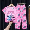 Comercio Exterior Pijamas Infantiles Primavera y Verano Manga Corta Pantalones Trajes para Niños Dibujos Animados Lindo Stitch Ropa de Casa para Niñas Ola