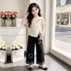 2026 Blusa Curta Irregular da Moda para Meninas, Fina de Verão, Individual, Estilosa, Calça Wide Leg, Conjunto Casual de Duas Peças