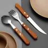 Juego de Cubiertos de Acero Inoxidable Transfronterizo, Tenedor y Cuchara, Mango de Madera, Vajilla Occidental para el Hogar, Hotel, Cuchillo y Tenedor para Filete, Tenedor de Cuchara para Postre