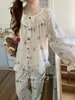 Pijama feminino novo estilo, gaze de camada dupla, algodão puro, cor verde-limão, manga longa, calça longa, roupa de casa