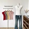 Top de Malha Fina Manga Curta Estilo Coreano Slim Fit Versátil Novo Verão 2025 com Gola Dobrável para Mulheres