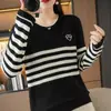 Novo suéter de algodão puro estilo coreano para outono e inverno, com listras em formato de coração e gola redonda, blusa básica de malha de algodão, solta e versátil, para mulheres