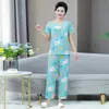 Conjunto de top de algodón y seda de manga corta para verano para mujeres de mediana edad y mayores, pijama fino de algodón artificial para habitaciones con aire acondicionado, talla grande y corte holgado