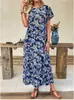 Vestido Estampado Estilo Europeu e Americano Novo Verão 2026 Feminino Soltinho Estilo Resort Saia Longa Gola Redonda Manga Curta Vestido de Praia