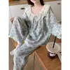 Pijama para Mujer Primavera y Otoño Estilo Coreano Encaje Dulce Floral Algodón Nube Pura Pantalones de Manga Larga Traje para el Hogar para Estudiantes