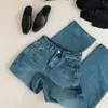 Jeans Moderno Vintage Azul Slim-Fit Novo Outono 2026 para Mulheres, Calças de Cintura Alta Perna Reta com Fenda Wide-Leg, Calças Longas Tendência