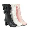 Botas de Encaje con Lazo hasta la Mitad de la Pantorrilla Zapatos Dulces Botas de Caballero Otoño e Invierno Tacones Gruesos Amazon Deseo Botas de Talla Grande