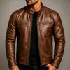 Chaqueta de Cuero con Cuello Alto Estilo Motociclista Europeo y Americano para Hombre Otoño/Invierno 2026, Chaqueta Corta de Cremallera Ajustada
