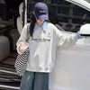 Sudadera larga de rayas para niña, estilo dos piezas falsas, con cuello camisero estilo universitario, top versátil y favorecedor con conjunto de jeans