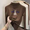 Camiseta básica de cuello alto a media altura para niña de dibujos animados, nuevo estilo primavera/otoño/invierno, top de manga larga con forro polar para niños de talla mediana y grande