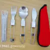 Juego de cubiertos de cuchillo tenedor cuchara palillos plegables al por mayor bolsa de tela triangular acero inoxidable cuchara tenedor plegables palillos de doble sección