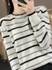 Nuevo estilo de otoño, top de punto de manga larga con cuello redondo de algodón puro, camiseta base fina versátil de color bloqueado 100% algodón para mujer