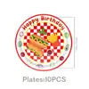 Set de fiesta de cumpleaños temático de hamburguesas al estilo americano y pollo frito con platos de papel desechables, vasos, mantel, banderines y globos para decoración