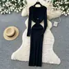 Elegante Vestido de Punto con Cuello en V para Mujer 2026 Otoño Adelgazante Manga Larga Estilo Perezoso Suave Falda Larga
