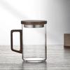 Vaso de vidrio transparente de borosilicato con mango de nogal, vaso de una sola capa para uso doméstico de gran capacidad para beber jugo, vaso de una sola capa