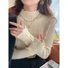 Camiseta Base Blanca Mujer Otoño Invierno Ropa Interior Nuevo Estilo Cuello Medio Alto Borde de Volantes Suéter de Punto Cuello Medio Manga Larga
