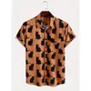 Camisa Estampada 3D de Gato Masculina Casual Manga Curta Havaiana Casual Botão Gola Camisa Roupa Masculina de Verão