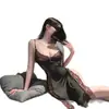 Lencería Sexy con Correas Estampadas, Corte Ajustado, Vestido Largo Atractivo, Encaje, Escote Pronunciado, Abertura, Cheongsam Puro Deseo Qqny