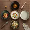 Plato Cerámico Rústico de Fondo Ancho Estilo Wabi-sabi Plato de Cena Cerámico Retro Plato Plano Plato para Verduras Plato para Frutas Plato para Mariscos Emplatado de Cocina Occidental