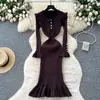 Vestido Retrô Francês com Gola Boneca e Manga Sino Slim para Mulheres Outono Cintura Afinando Visual Elegante Saia de Tricô Franzida