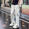 Pantalones Beige con Pliegues Diagonales de Secado Rápido para Hombre, Estilo Delgado de Verano, Pantalones de Trabajo High Street de Corte Limpio, Pantalones Acampanados de Marca de Moda