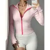 Chamarra deportiva de manga larga con cremallera, absorbente de humedad, corte ajustado, para correr, yoga, fitness, europea y americana, para mujer, ropa corta de yoga