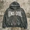 Sudadera bordada de toalla colorida con media cremallera desgastada, sudadera holgada de estilo callejero americano, sudadera con capucha degradada para hombre