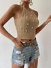 Verano Europeo y Americano Nuevo Estilo Estación Independiente de Amazon Transfronterizo con Cordones en la Espalda Patrón de Cáñamo con Cuentas Top de Tirantes Halter para Mujer